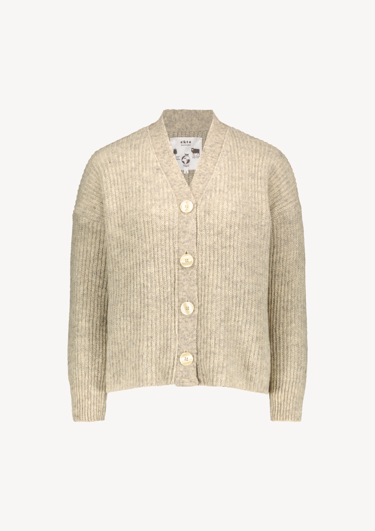 Light grey cardigan responsibly made in Finland from Finnish sheep wool. 