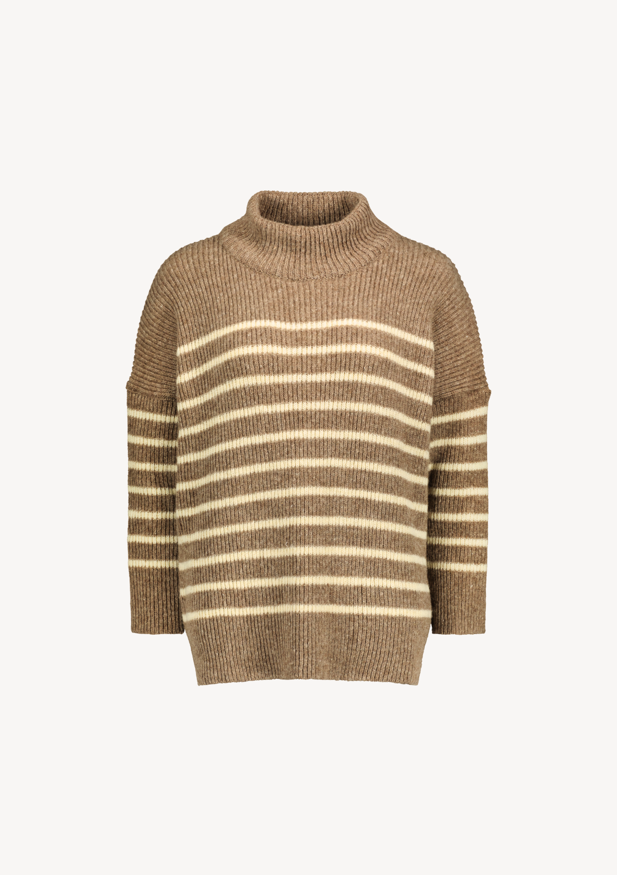 Turtleneck beige striped knit made of Finnish sheep wool and manufactured responsibly in Finland. Relaxed fit. 