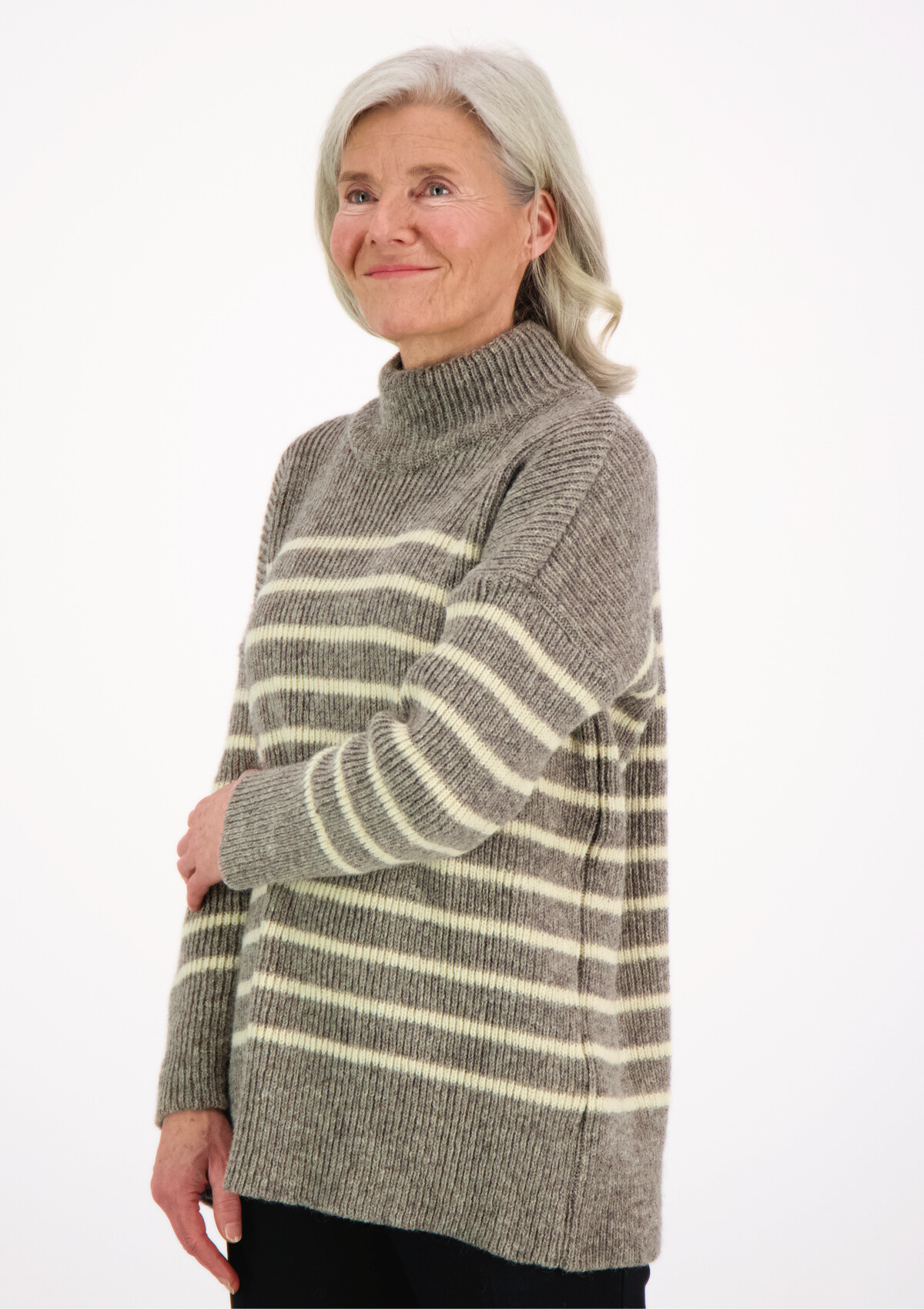 Katrine turtleneck grey striped knit made of Finnish sheep wool and manufactured responsibly in Finland. 