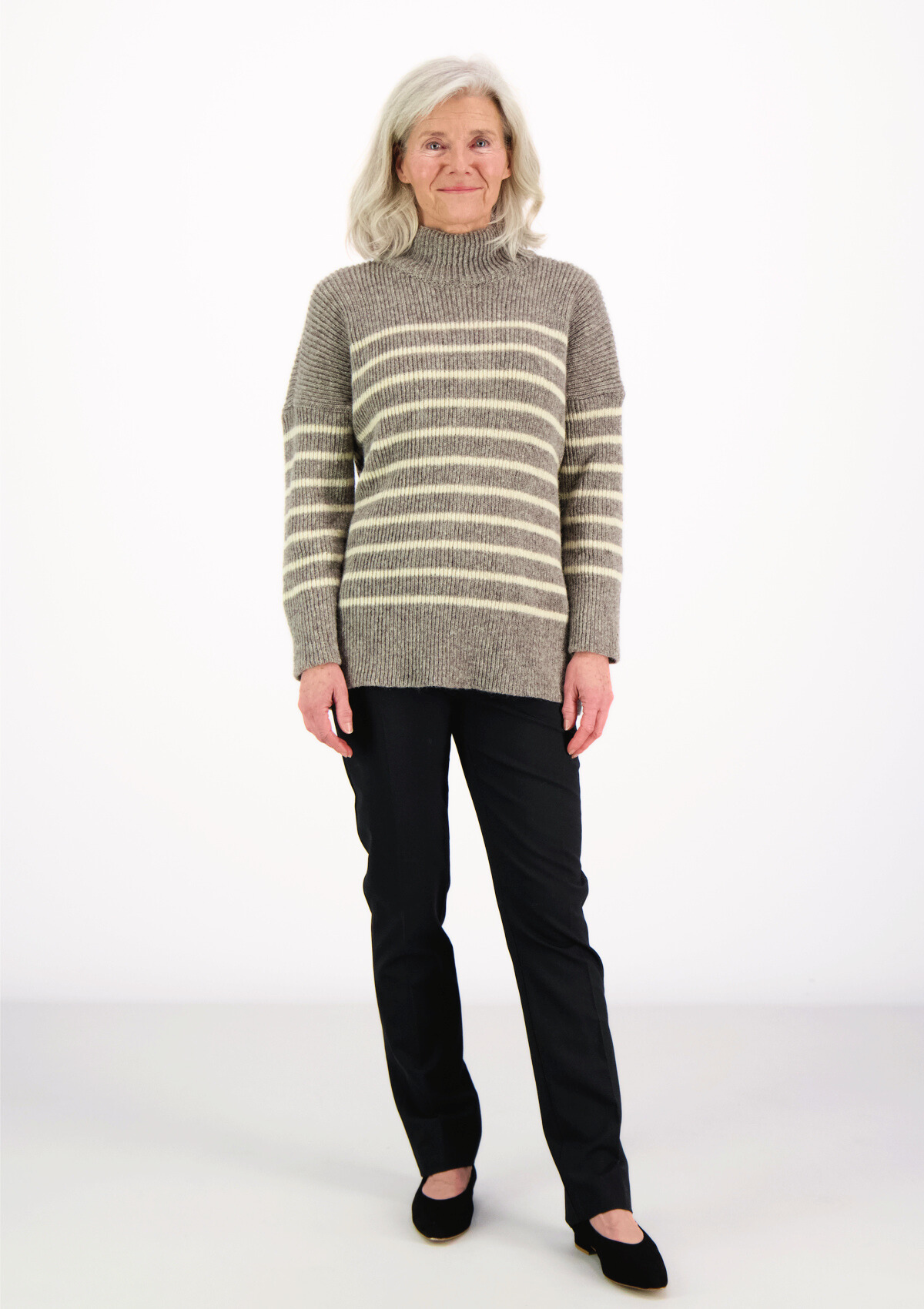 Katrine turtleneck grey striped knit made of Finnish sheep wool and manufactured responsibly in Finland. 